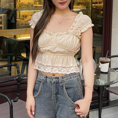 Bxoxo Sexy Square Collar Lace Edge Ruched Causal Solid Crop Tops Y2K Summer Fashion New Sweet Cute Daily 2025 Streetwear Vest