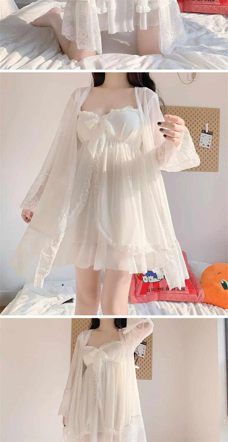Bxoxo Elegant Sweet Simple Solid White Women Robe Gown Sets Chic Lace Bow Mesh  Sleepwear Breathable Slim Nightdress