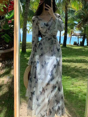 BXOXO Spring Autumn Vintage Gray Long Sleeve Butterfly Bandage Dress For Women French Bohemian Elegant V Neck Backless Dress Robe