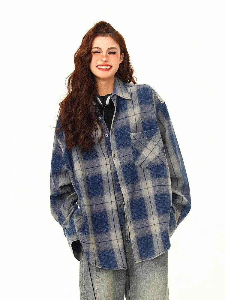 Bxoxo Streetwear American Plaid Shirt Women Oversize Loose Vintage Long Sleeve Blouse Hip Hop Casual Retro Harajuku Bf Pockets Tops