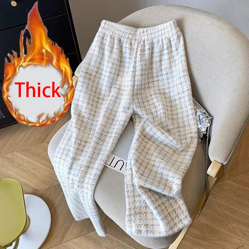 Bxoxo Vintage Houndstooth Women Wide Leg Pants Winter Thick Faux Mink Velvet Loose Straight Trouser High Waist All Match Female Pants