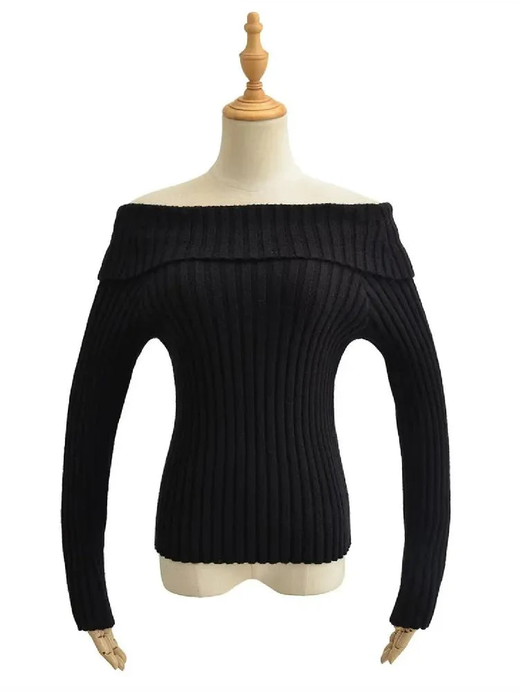 Bxoxo Autumn Winter Solid Color Rib Knitted Off the Shoulder Pullover Sweater Sexy Women Full Sleeve Slim Stretch Knitwear Jumper