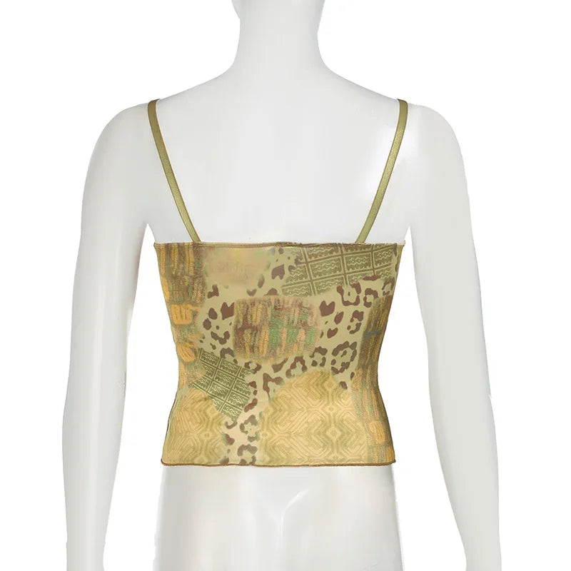 BXOXO Y2K Vintage Women's Sleeveless Cami Tops Spaghetti Strap Abstract Print Ribbon Tie-up Front Camisole Tank Tops Summer Clothes