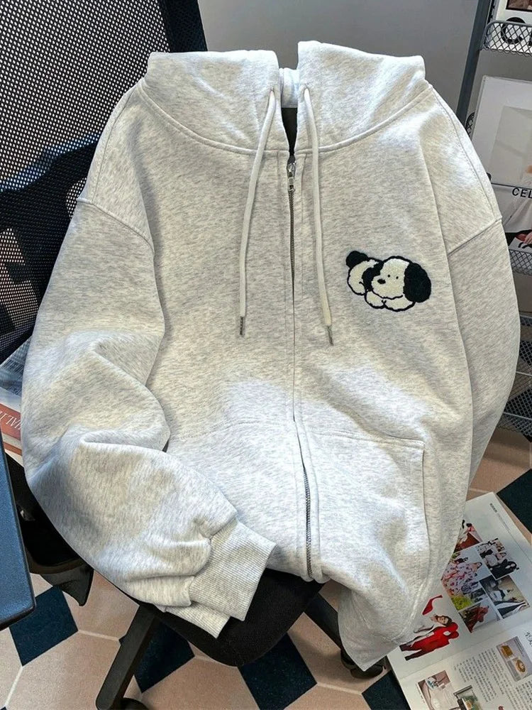 Bxoxo Cute Dog Cartoon Gray Hoodies Women Loose Long Sleeve Kawaii Sweatshirts Casual Vintage Preppy Style Fall Female Pockets Tops