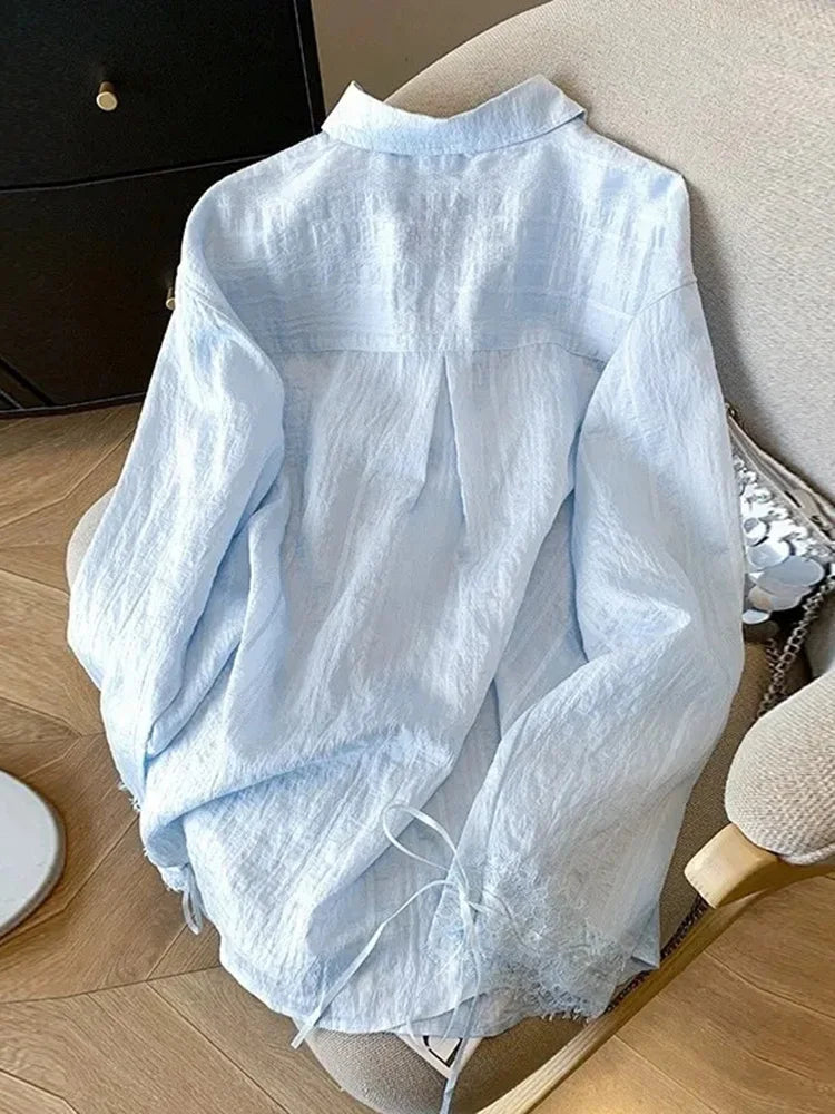 Bxoxo Blue Sweet Sun Proof Shirt Women Lace Patchwork Bow Korean Blouse Loose Fashion Long Sleeve Elegant Female Casual Cute Tops