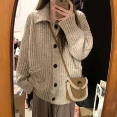 Bxoxo Slouchy Knit Cardigan for Women Rib-knit Pockets Front High Neck Button Up Sweater Jacket Coat Female Autumn Winter Basic Outfit