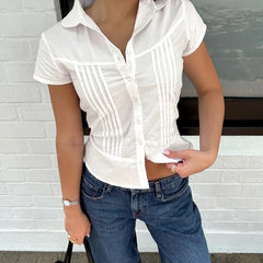 BXOXO Solid Folds Blouse for Women Casual Short Sleeve Button-up Crop Tops Y2k Streetwear Shirts Korean Fashion Summer T-shirt