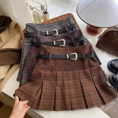 BXOXO Vintage Plaid Skirt Women Preppy Style Kawaii Pleated Skirt Korean Fashion Autumn Winter A-line Streetwear Mini Skirts