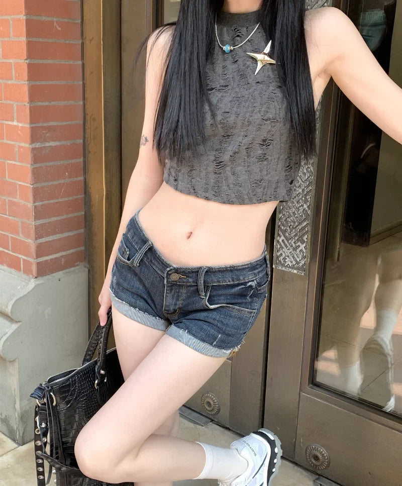 BXOXO Women's Low Rise Elastic Tight Curled Denim Shorts Summer New Hot Girl Street Casual Hip Wrap Sexy Mini Shorts Female