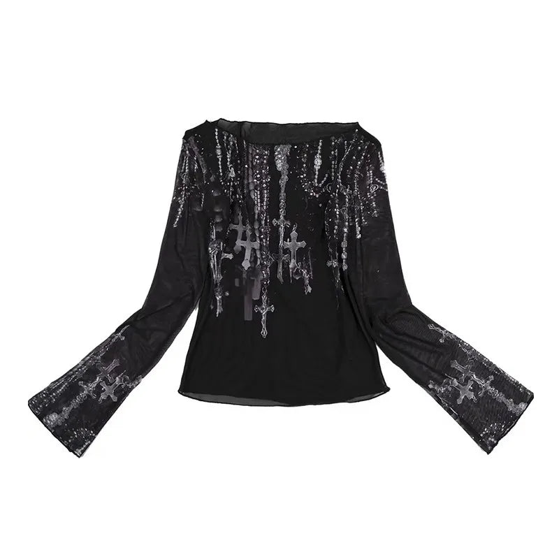 BXOXO Gothic Goth Black Mesh Tops Women Grunge Aesthetic Off Shoulder Graphic Crop T Shirts See Through Trashy Y2k 2000s Tees