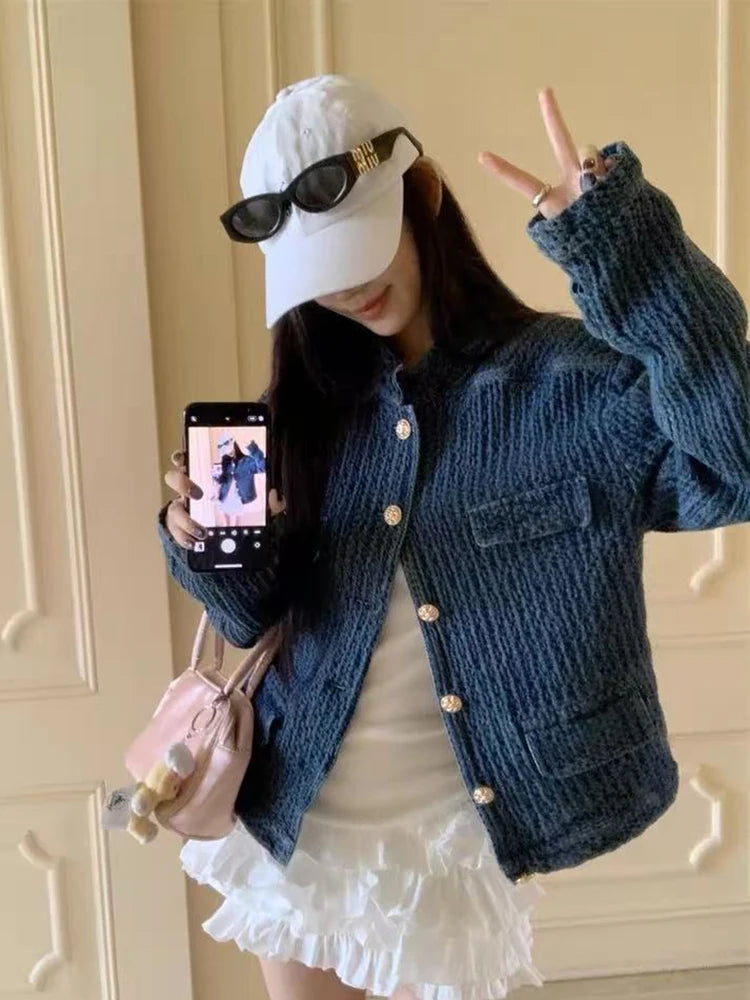 Bxoxo Vintage Stand Collar Denim Jacket Women Autumn Loose Streetwear Single Breasted Coats Y2K Korean Chic Long Sleeve Casual Outwear
