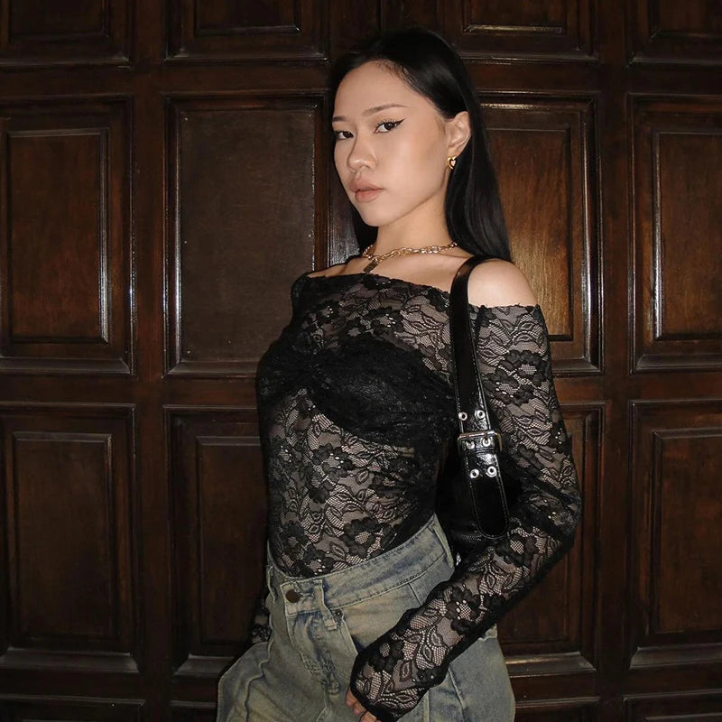 BXOXO Floral Lace Sheer Off-Shoulder Crop Tops Women Trendy Ruched Sheer Long Sleeves T-shirts Fall Blouses Tees Streetwear