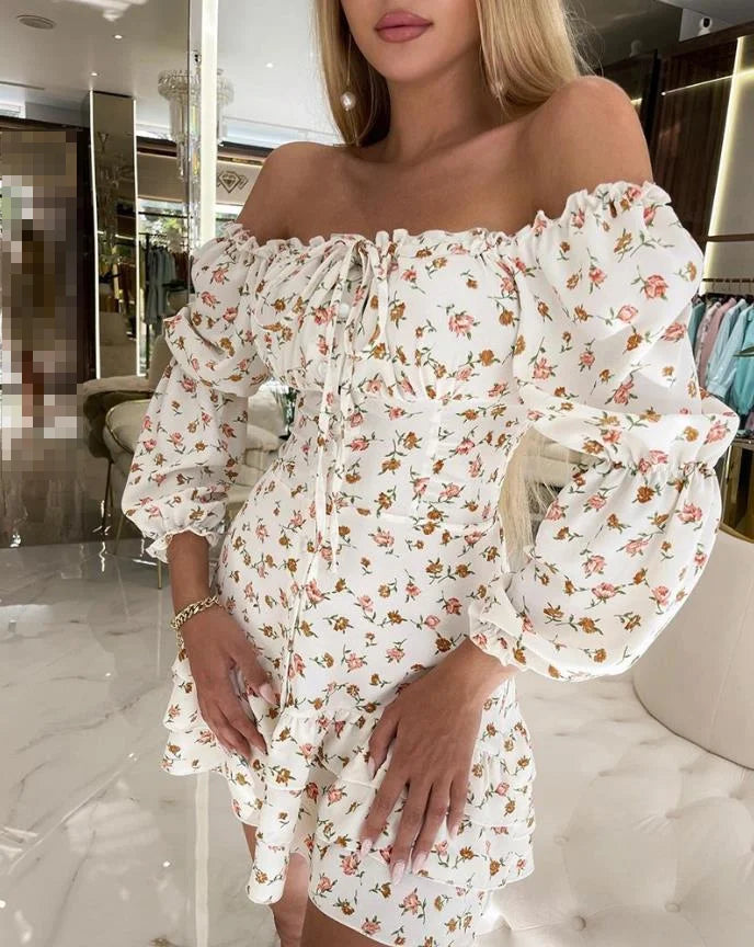 BXOXO Off Shoulder Ruffle Hem Ditsy Floral Print Dress Slash Neck Long Sleeves Elegant Dresses for Women