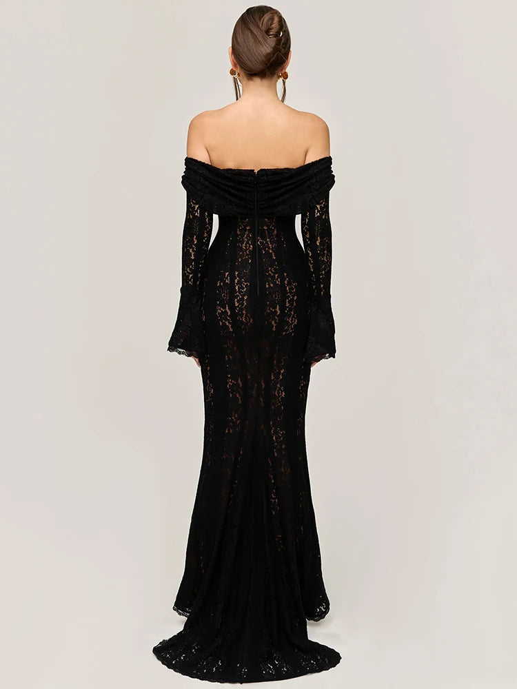 BXOXO  Lace Off-shoulder Sexy Maxi Dress Women Strapless Backless Long Sleeve Bodycon Evening Club Party Long Dress Elegant