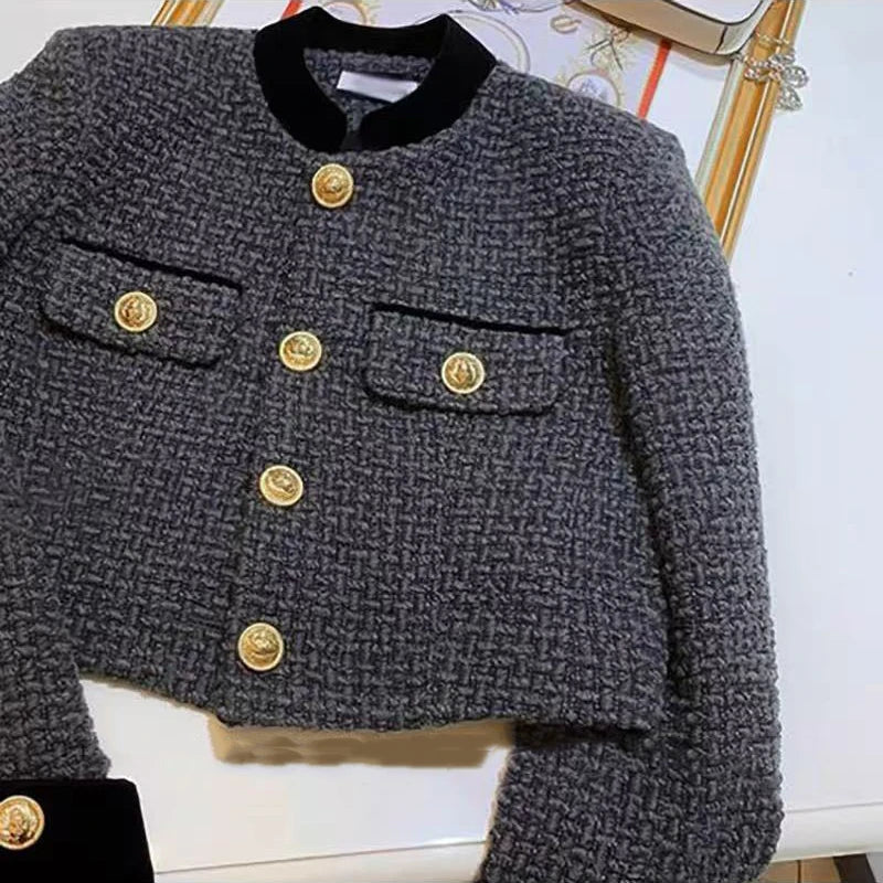 Bxoxo Fashion Stitching Tweed Short Jacket Women Autumn Winter Elegant Office Lady Coat Y2K Korean O Neck Single Breasted Crop Outwear