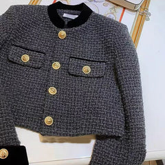 Bxoxo Fashion Stitching Tweed Short Jacket Women Autumn Winter Elegant Office Lady Coat Y2K Korean O Neck Single Breasted Crop Outwear