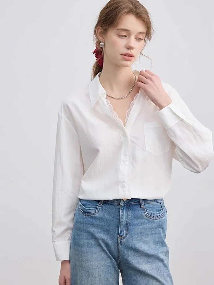 Bxoxo Lace Patchwork White Shirt Women Elegant Long Sleeve Vintage Blouse American Casual Autumn Female Sweet Pocket Retro Tops
