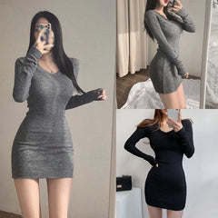 BXOXO Women Sweater Dress Knit Bodycon Dress V-Neck Long Sleeve Slim Sexy Dress Autumn Solid Color Casual Dresses Lady Mini Dresses