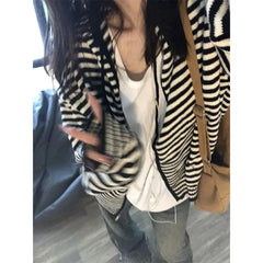 BXOXO Vintage Striped Sweaters Cardigan Women Casual Korean Style Zip Up Knitwear Harajuku Loose Black White Knitted Coats