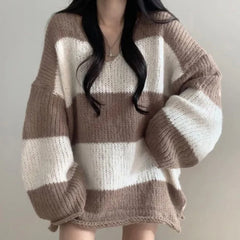 BXOXO Women Stripes Loose V-Neck Sweaters Long Sleeve Knit Casual Pullover Jumpers Office Sweater For Women Fall Winter