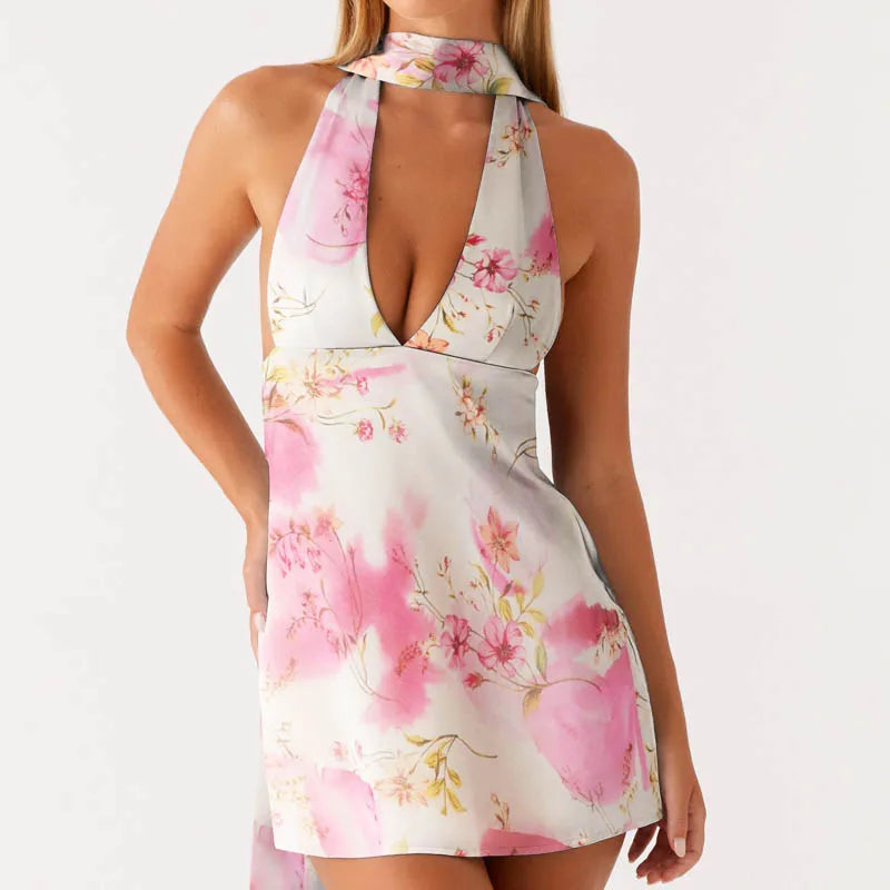 BXOXO Fashion Women's Halter Dress with Collar 2 Pcs Set Stylish Solid/Floral Print Deep V Neck Sleeveless Mini A-Line Dress