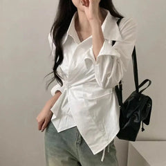 Bxoxo Striped Women Shirt Korean Version Design Irregular Waist Shirts Spring and Summer Preppy Style Long Sleeved Slimming Top