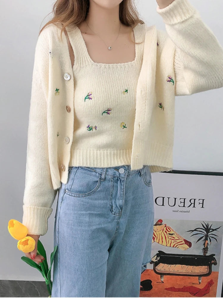 Bxoxo Two-piece Top Suit Flower Embroidered Knitted Korean Style Cardigan Autumn Fashion Sling Sweater Slim Sweet Jacket Sets