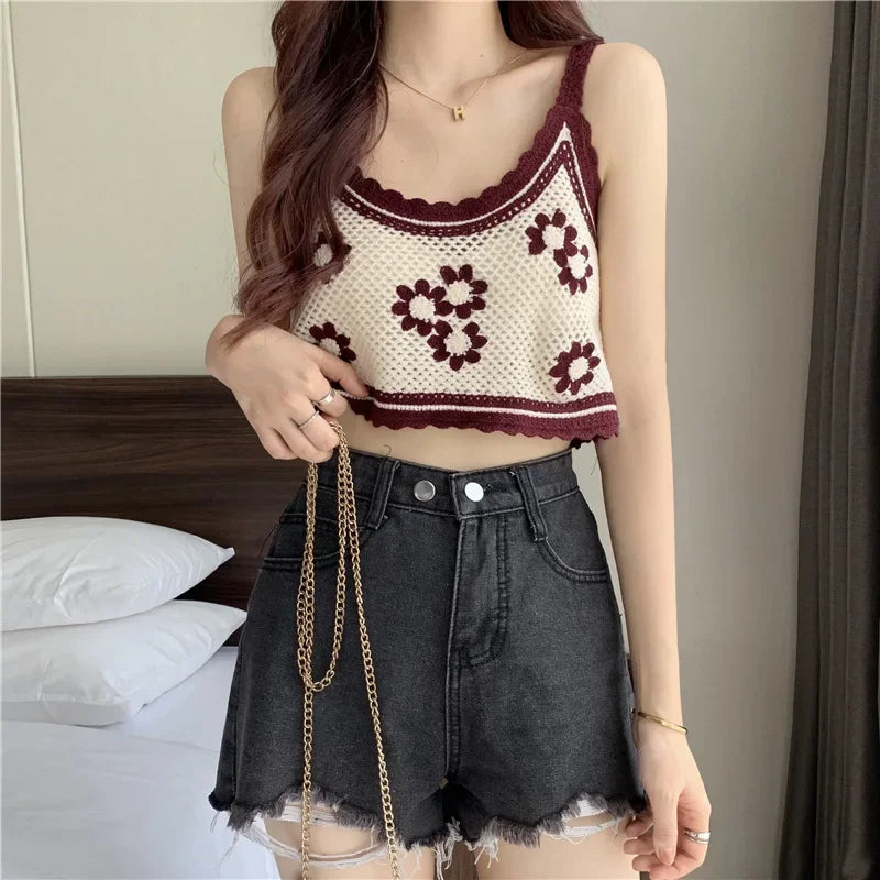 BXOXO Women Vintage French Crochet Sleeveless Camisole Vintage Hollow Out Knit Floral Crop Top Sexy V-Neck Backless Beach Sling