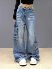 Bxoxo Street Vintage Cargo Jeans Women New Y2K Harajuku Wash Blue Multiple Pockets Baggy Jeans Denim Pants Bf High Waist Wide Trousers