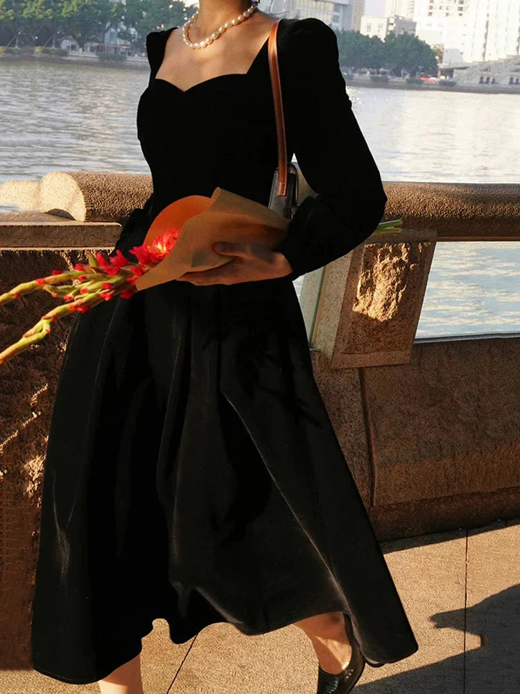 Bxoxo Elegant Velvet Midi Dress Women Vintage Korean Slim V Neck A Line Fairy Dress Female Autumn Long Sleeve All-Match Party Vestidos