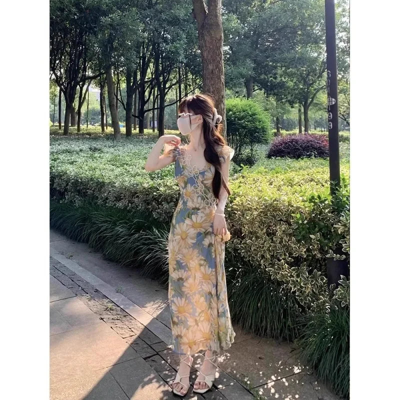 Bxoxo Romantic Korean Style One Shoulder Dress Women Summer French Tea Break Beach Vacation Long Skirt Sleeveless Midi Dress