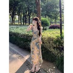 Bxoxo Romantic Korean Style One Shoulder Dress Women Summer French Tea Break Beach Vacation Long Skirt Sleeveless Midi Dress