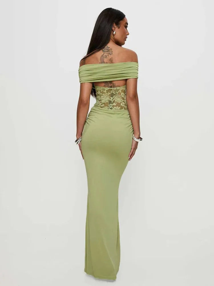 BXOXO  Off-shoulder Strapless Sexy Maxi Dress For Women Green Lace Sheer Sleeveless Backless Bodycon Club Party Long Dress