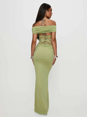 BXOXO  Off-shoulder Strapless Sexy Maxi Dress For Women Green Lace Sheer Sleeveless Backless Bodycon Club Party Long Dress