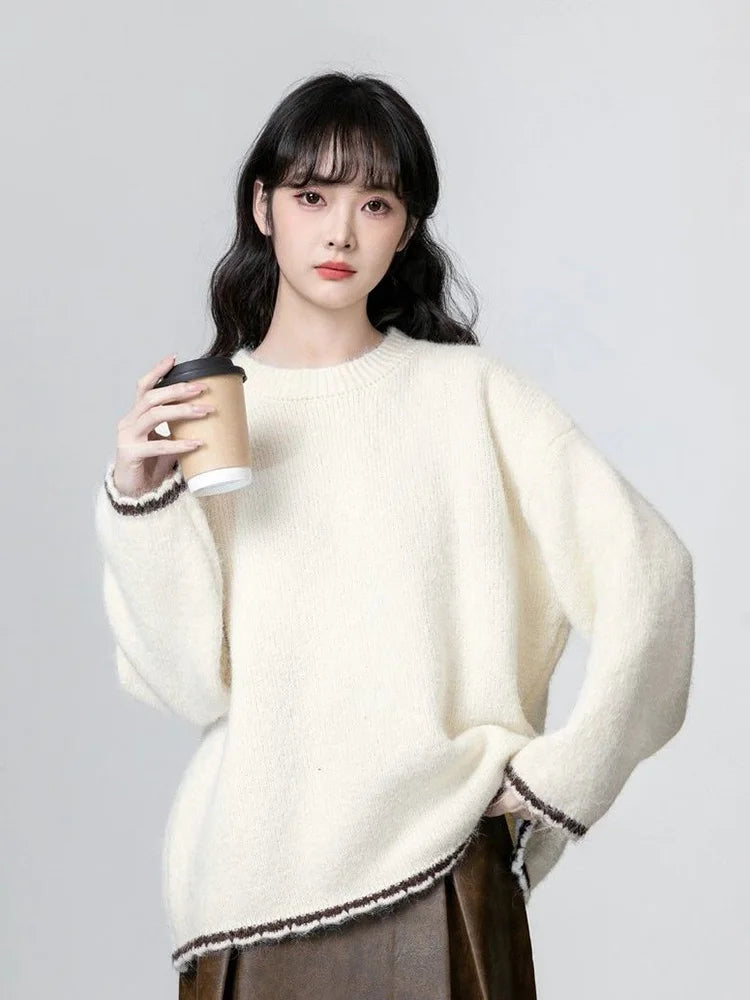 Bxoxo Cute Retro Green Sweaters Women Preppy Style Loose O Neck Long Sleeve Knitted Jumper Japan Vintage Sweet Female Simple Pullovers
