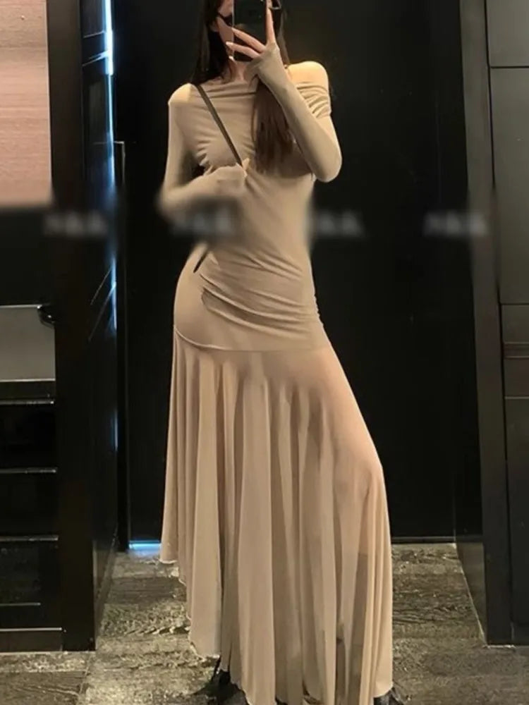 Bxoxo Sexy Vintage Elastic Women's Party Dresses 2025 Spring Summer Long Sleeve Chic Irregular Slim Waist Slash-Neck Dress Prom Robe
