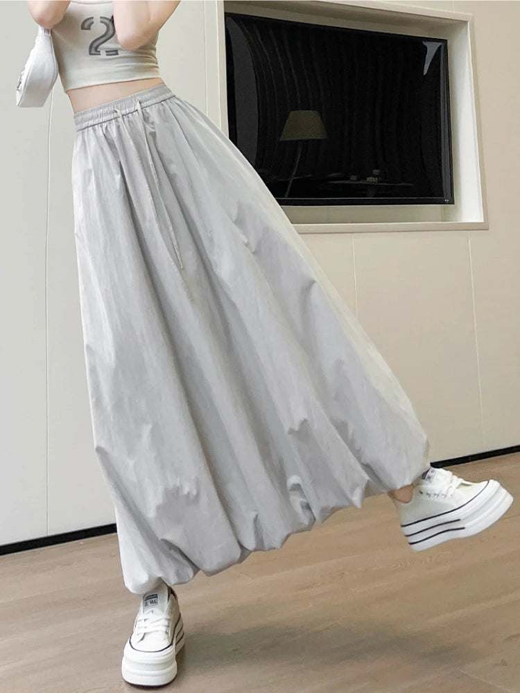 Bxoxo High Waist Fluffy Flower Bud Skirt Summer New Loose Versatile A-line Lantern Skirt Solid Color Elastic High Waist Long Skirt