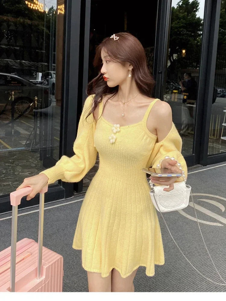Bxoxo  Korean Autumn Winter Sweet Knitted Two Piece Dress Set Women Strap +Casual Coat Dress Set Style Solid Dress Suit