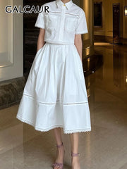 Bxoxo Elegant Two Piece Sets For Women Lapel Short Sleeve Tops High Waist A Line Pleated Skirts Solid Set Female Summer 2023