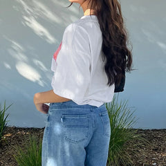 BXOXO Summer White Short Sleeve T-shirt Casual Crewneck Chic Print Loose T Shirts for Women Streetwear Basic Tees y2k Vintage