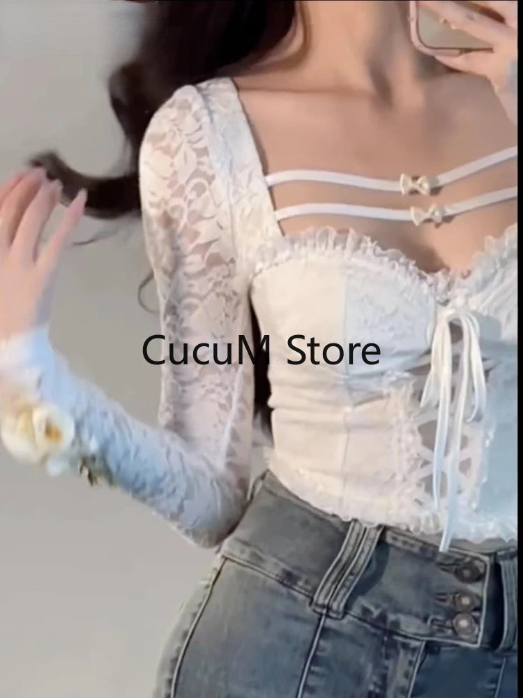 Bxoxo Sexy Crop Tops Slim Fit Lace Blouses for Women Temperament Shirts Bandage Fashion White Y2k Blouse White Cltohing 2023 Summer