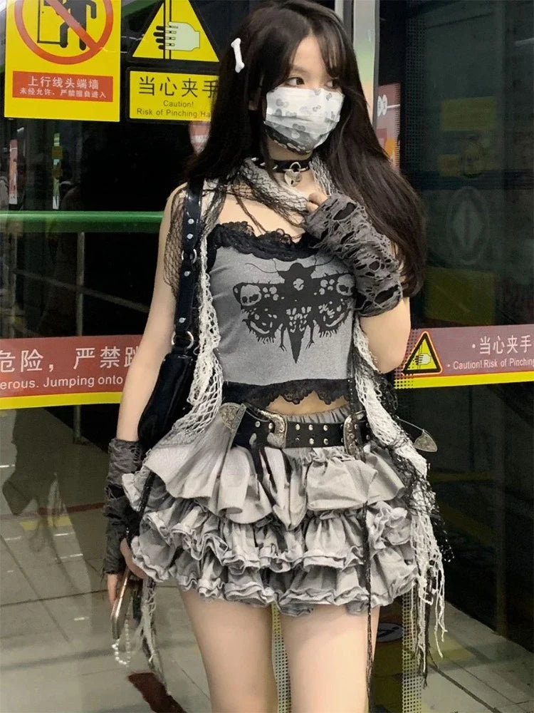 BXOXO Fashion Sweet Lace Slim Fit Camisole Tops Women+ Y2k Kpop High Waist Ruched Cake Skirts 2025 Summer New Two Piece Sets