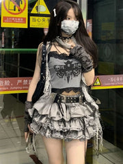 BXOXO Fashion Sweet Lace Slim Fit Camisole Tops Women+ Y2k Kpop High Waist Ruched Cake Skirts 2025 Summer New Two Piece Sets