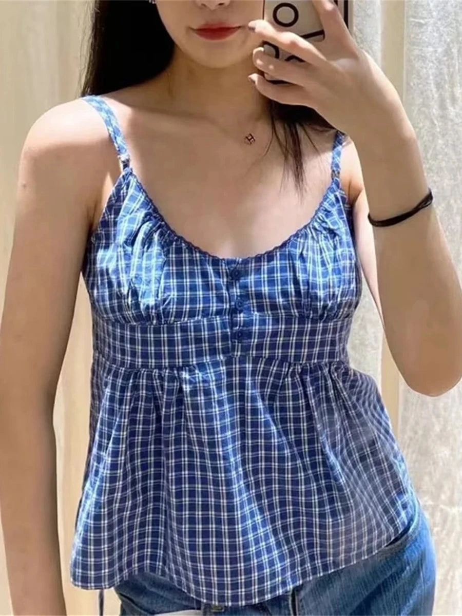 BXOXO Y2k Coquette Babydoll Crop Peplum Camisole Women Cute Lace Ruffle Trim Low Cut Floral Gingham Spaghetti Strap Tank Going Out Top