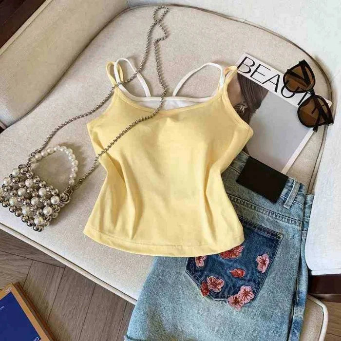 Bxoxo Fashion Patchwork Fake 2 Piece Women Camis Summer Fashion Spaghetti Straps with Chest Pad Vest Korean Chic Base Tank Female