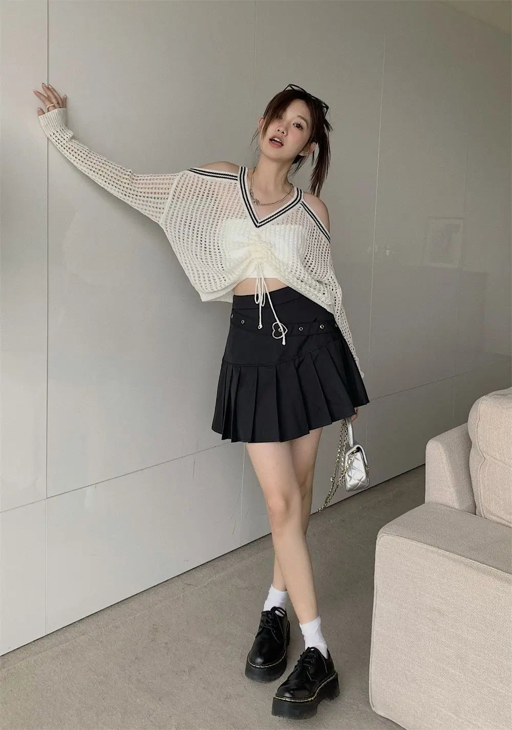 Bxoxo Off Shoulder Hollow Out Shirts Blouses Elegant and Youth Woman Blouse Drawstring Knitted V Neck Tops Vintage Y2k 2022 Fashion