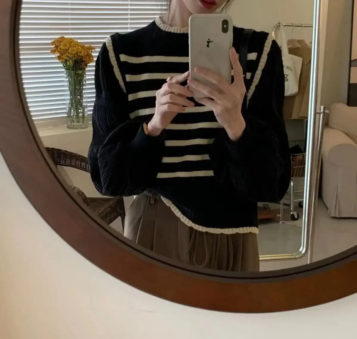 Bxoxo women Black and white striped fake two-piece knitted sweaters pring and autumn Korean soft glutinous pullover sweater female