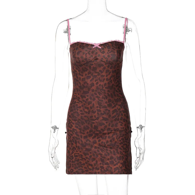 BXOXO Leopard Print Sleeveless Slit Mini Short Dresses Sexy Party Vacation Beach Fashion Summer Y2K Streetwear Casual Clothes
