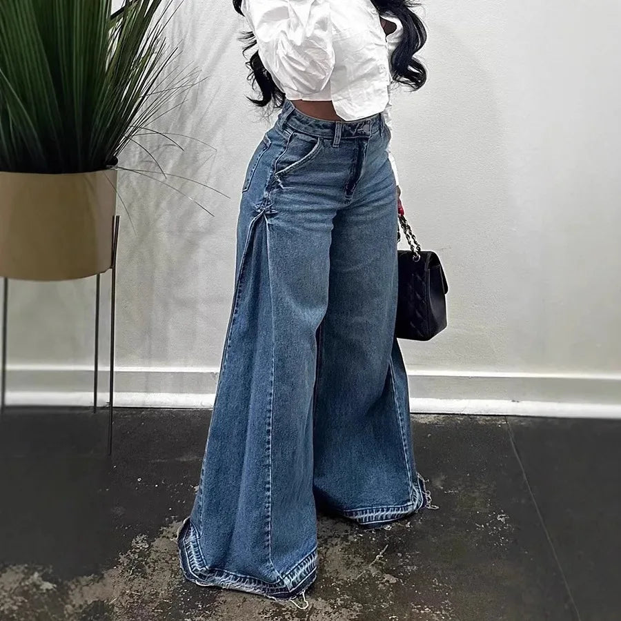 Bxoxo Blue Washed Women Flared Jeans Harajuku Y2k Oversized Wide Leg Spliced Tassel Denim Pants Baggy American Retro Trousers
