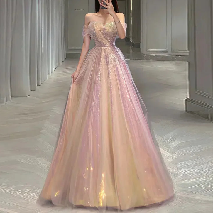 BXOXO Customized Sparkly Pink Evening Dresses Off Shoulder Beading Sweetheart A Line Tulle Strapless Ceremony High-end Party Prom Gowns